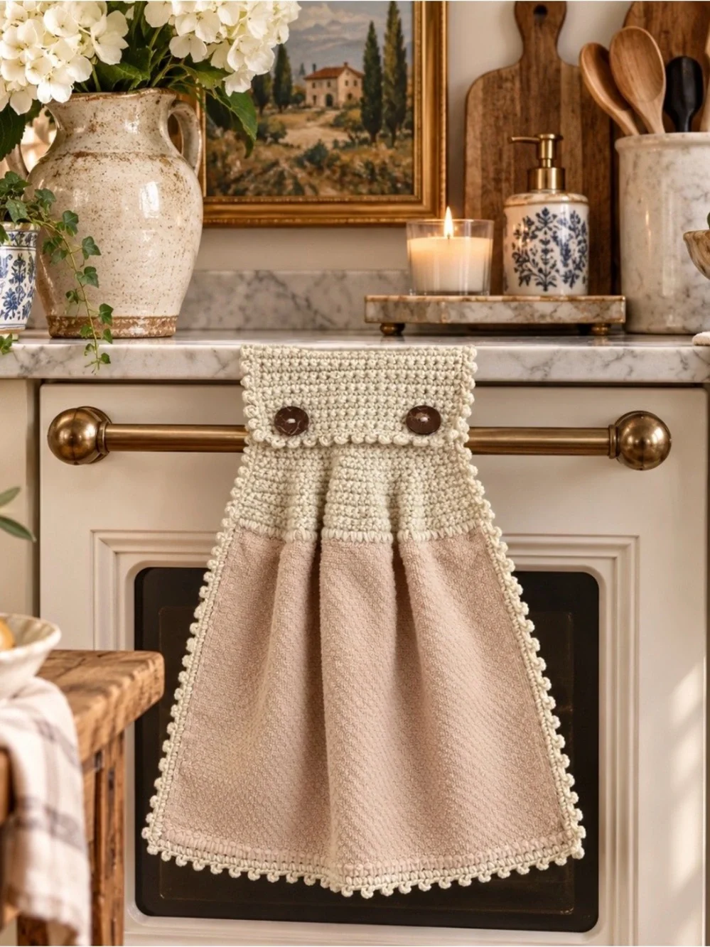 Handmade Neutral Beige Crochet Hanging Kitchen Towel
